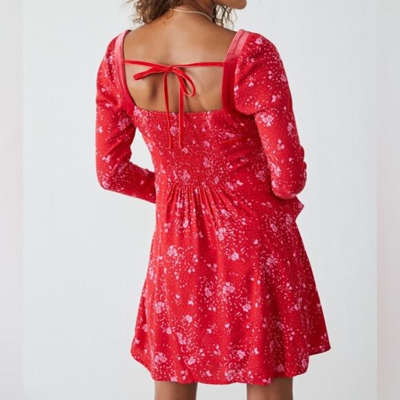 Free People Long Sleeve Mini Dress Red Size Small Boho Peasant - Picture 6 of 8
